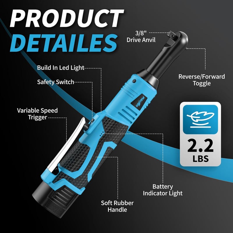 FULLYEA Cordless Electric Ratchet Wrench Set, 16.8V 3/8 cordless ratchet, 550 RPM, Variable Speed Power Ratchet Tool Kit with 2 * 2.0Ah Li-ion Battery, 1/4" Adapter & 3" Extension Bar(Blue) - Image 4